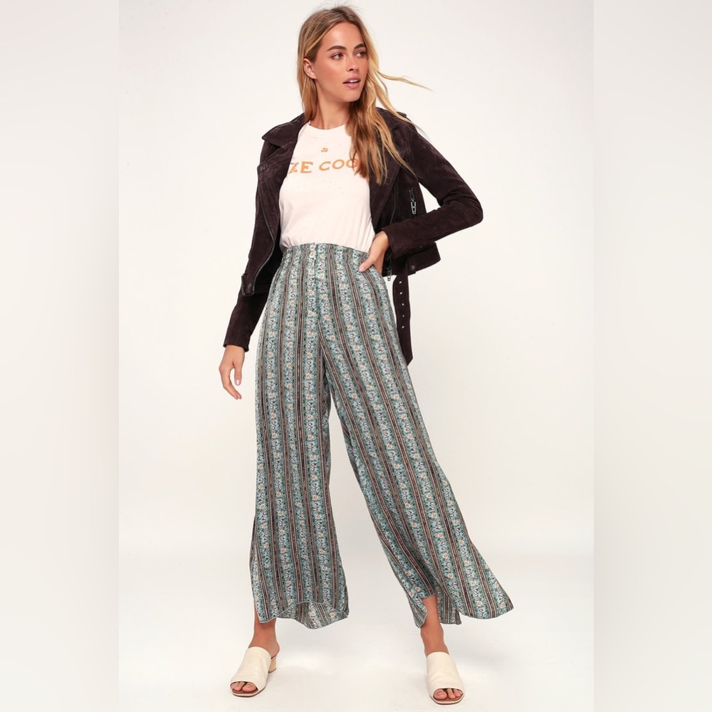 Free People Take Your Tie Off Sage Green Multi Print Wide-Leg Pant Sz Med Boho